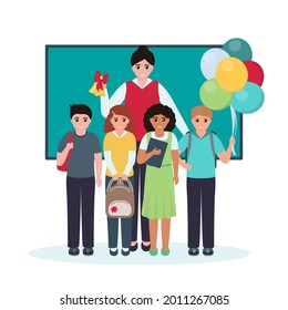 Smiling happy children standing with their teacher at the school. Back to school concept. Knowledge Day. Elementary school class. Cartoon vector illustration