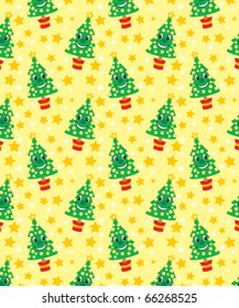 Smiling happy christmas tree seamless vector pattern. (Can be dragged to swatches palette in Adobe Illustrator and opened in Photoshop for seamless pattern fills.)