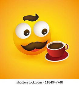 Smiling Happy Coffee Lover -  Simple Emoji, Emoticon with Pop Out Eyes, Mustache and a Cup of Coffee on Yellow Background - Vector Design