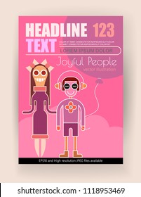 Smiling happy couple on a pink background flat style vector illustration. A poster design with a cheerful people. Teenager holds a large balloon in his hand. Vector template of magazine front page.