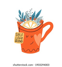 A smiling happy cup of tea with herbs and lemon. Big mug with a cute kind face and heart. Reminder to love yourself and care blend. Relax and enjoy your day. Vector hand drawn doodle illustration.