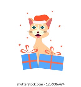 Smiling happy cute cat with Christmas gifts and decorations. Small kitten wearing a Santa hat. Christmas and New Year greeting illustration.