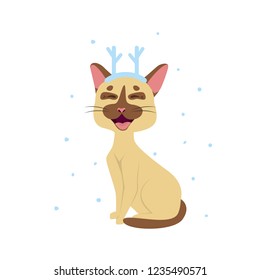 Smiling happy cute siamese cat wearing a Christmas deer antler. Christmas, New Year illustration with funny, cute domestic cat and snow in winter day. Vector illustration.