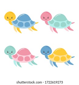 Smiling Happy Cute Turtle Icon Logo Set in Cartoon Style