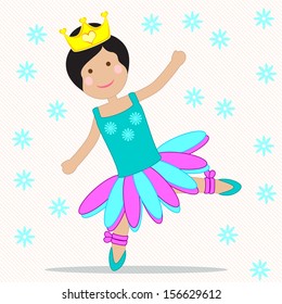 smiling and happy dancer, blue and fuchsia tutu with blue flowers, white background