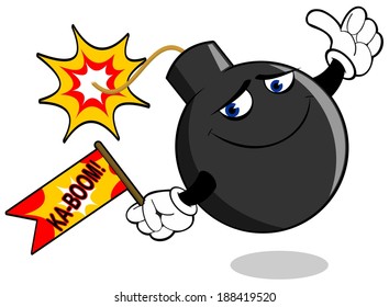 Smiling happy dynamite ball with lit wick and sign that says Ka-Boom