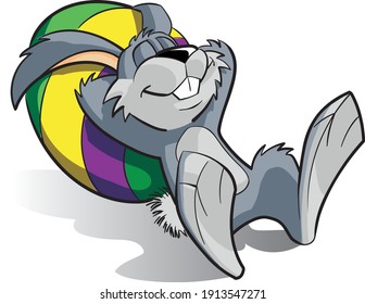 Smiling and Happy Easter Rabbit, or Easter Bunny leaning on an Egg, while sleeping, or having a nap