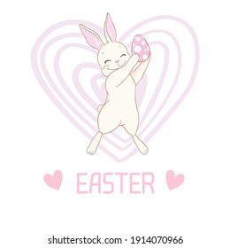 Smiling and Happy Easter Rabbit, or Easter Bunny holding an Egg, while running. Vector illustration.