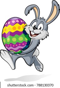 Smiling and Happy Easter Rabbit, or Easter Bunny holding an Egg, while running