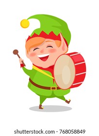 Smiling happy elf playing on drum musical instrument vector illustration postcard isolated on white background. Cute gnome hero in suit cartoon style