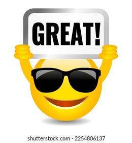 Smiling happy emoji holding Great banner, vector cartoon isolated on white background. Great Idea approval concept.