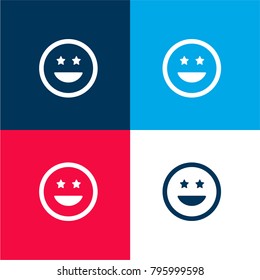 Smiling happy emoticon square face with eyes like stars four color material and minimal icon logo set in red and blue