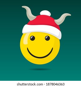 Smiling Happy Face Covered with Santa Hat with Ox or Bull Horns Happy New Year 2021 Greeting Concept - Yellow on Turquoise Background - Vector Mixed Graphic Design
