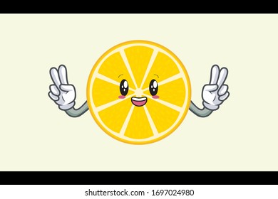 SMILING, HAPPY, Face. Double Peaceful Finger. Mascot Illustration. Slice Lemon Fruit.