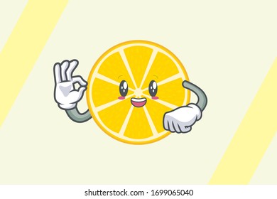 SMILING, HAPPY Face . Ok, Okey, Okay, Nice, Alright Gesture. Mascot Illustration Slice Lemon Fruit