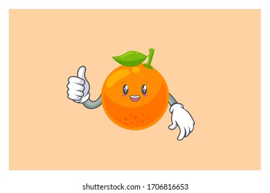 SMILING, HAPPY Face. Thumb Up, Agreement Gesture. Mascot Vector Illustration. Orange Citrus Fruit Cartoon.