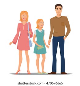 Smiling, happy family - father, mother and daughter, peoples, vector, colored, isolated.