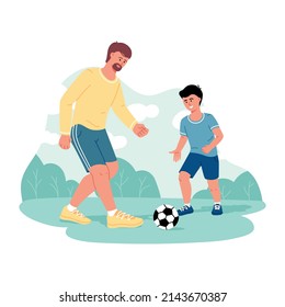Smiling happy father and son having fun together playing football with soccer ball. Happy fatherhood and childhood concept. Vector trendy illustration