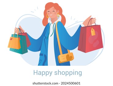 Smiling happy female character is shopping alone with bags on white background. People enjoy spending time shopping in clothing stores offline. Flat cartoon vector illustration