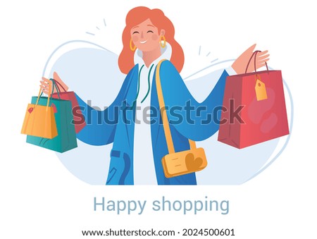 Smiling happy female character is shopping alone with bags on white background. People enjoy spending time shopping in clothing stores offline. Flat cartoon vector illustration