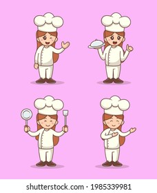 Smiling and happy female chef. Cute Woman chef cooking. Hand drawn vector illustration.
