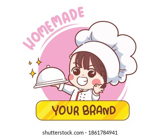 Smiling happy female chef Logo cooking. Hand drawn vector illustration