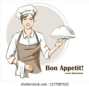 Smiling and happy female chef. Woman chef is holding a restaurant cloche. Hand drawn vector illustration.