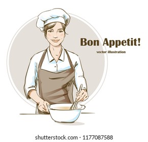 Smiling and happy female chef. Woman chef is cooking. Hand drawn vector illustration.
