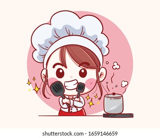 Smiling happy Female pastry chef. Woman chef is cooking. Hand drawn vector illustration.