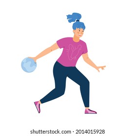 Smiling happy female person holding bowling ball playing in sport game. Fun activity at leisure. Flat cartoon vector illustration isolated on white.