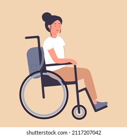 Smiling happy girl with a disability in wheelchair. Attractive handicapped lady in medical chair cartoon vector illustration