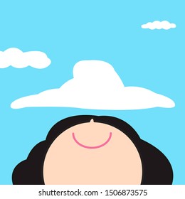 Smiling Happy Girl Looking Up To White Cloud In Hat Shape Floating On A Summer Blue Sky Concept Card Character illustration
