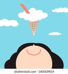 Smiling Happy Girl Looking Up To Yummy Cloud With Icecream Cone Shape Floating On Blue Sky Concept Card Character illustration