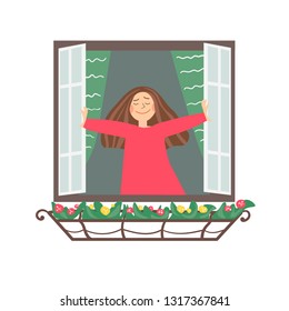 Smiling happy girl in a red dress and long hair looks out into the street, opening the window sash, under which flowers bloom on a small balcony. Vector flat illustration on white background.