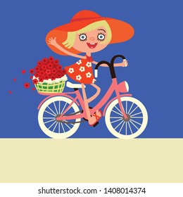 Smiling happy girl in red dress and sun hat riding retro bicycle wave hand and looking at camera. Cartoon style, flat vector illustration. Copy space