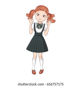Smiling happy girl showing success sign. She is in school uniform. Hand drawn illustration isolated on white background.