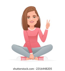 Smiling happy girl sits cross-legged and waves her hand. White slender woman sits in a lotus position on the floor and shows a gesture of victory and peace. Vector illustration in cartoon style