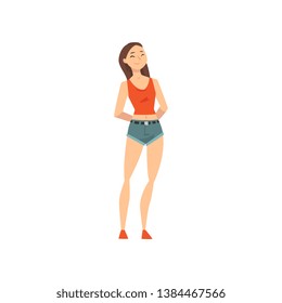 Smiling Happy Girl Wearing Short Denim Shorts and Red Tank Top Vector Illustration