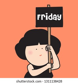 Smiling Happy Girls Holding Friday Words Sign Concept Card Character illustration