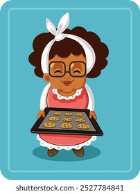 
Smiling Happy Grandma Segurando uma Bandeja de Cookies Vetor Personagem. Ilustração bonita de uma vovó com sobremesas doces caseiras 
