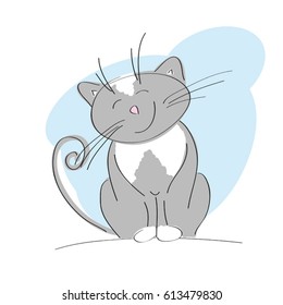 Smiling happy grey cat - original hand drawn illustration