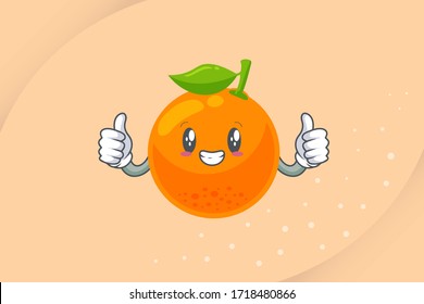 SMILING, HAPPY GRIN Face. Ok, Excellent, Double Thumb Up Gesture. Orange Citrus Fruit Cartoon Mascot Illustration.