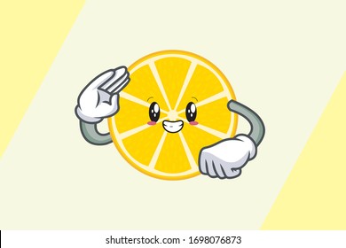 SMILING, HAPPY, GRIN SMILE Face. Respect Hand Gesture. Mascot Cartoon Illustration. Slice Lemon Fruit