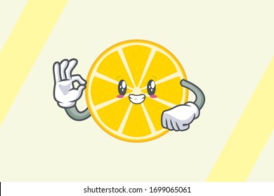 SMILING, HAPPY, GRIN SMILE Face . Ok, Okey, Okay, Nice, Alright Gesture. Mascot Illustration Slice Lemon Fruit