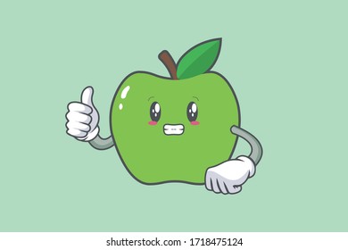 SMILING, HAPPY, GRIN SMILE Face Emotion. Thumb Up Gesture.Green Apple Mascot Illustration.