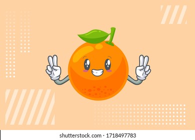 SMILING, HAPPY, GRIN SMILE Face. Double Peace Finger Gesture. Orange Citrus Fruit Cartoon Mascot Illustration.