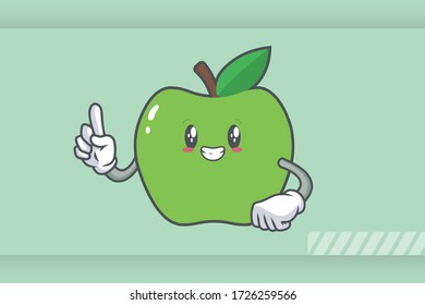 SMILING, HAPPY, GRIN SMILE Face Emotion. Forefinger Hand Gesture. Green Apple Cartoon Mascot Illustration