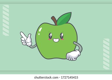 SMILING, HAPPY, GRIN SMILE Face Emotion. Forefinger Hand Gesture. Green Apple Cartoon Mascot Illustration
