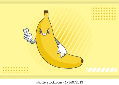 SMILING, HAPPY, GRIN SMILE Face Emotion. Peace Hand Gesture. Banana Fruit Cartoon Drawing Mascot Illustration.