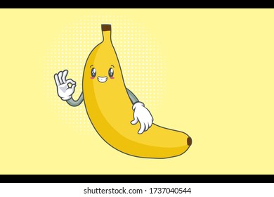 SMILING, HAPPY, GRIN SMILE Face Emotion. Nice Hand Gesture. Banana Fruit Cartoon Drawing Mascot Illustration.